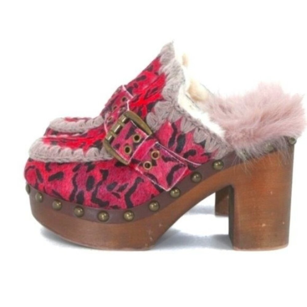 MOU Leopard Pink Pony Hair Shearling Platform Clogs 37 - Picture 3 of 13